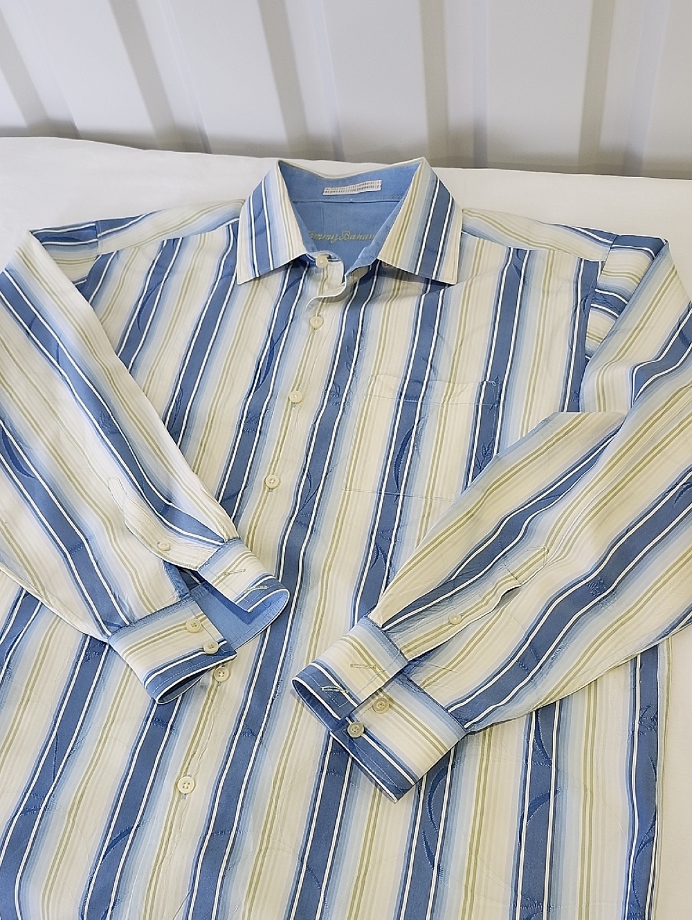 Tommy Bahama Mens Blue Green Vertical Stripe Silk Button-Down Shirt Size XL EUC - Picture 5 of 9